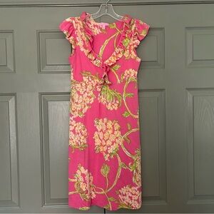 Lilly Pulitzer Cotton Stretch Dress with Ruffle Vneck Collar Pink and Green